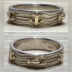 Handmade Sterling Silver & 14K Gold Nautical Anchor & Lobster Band Ring, Size 7